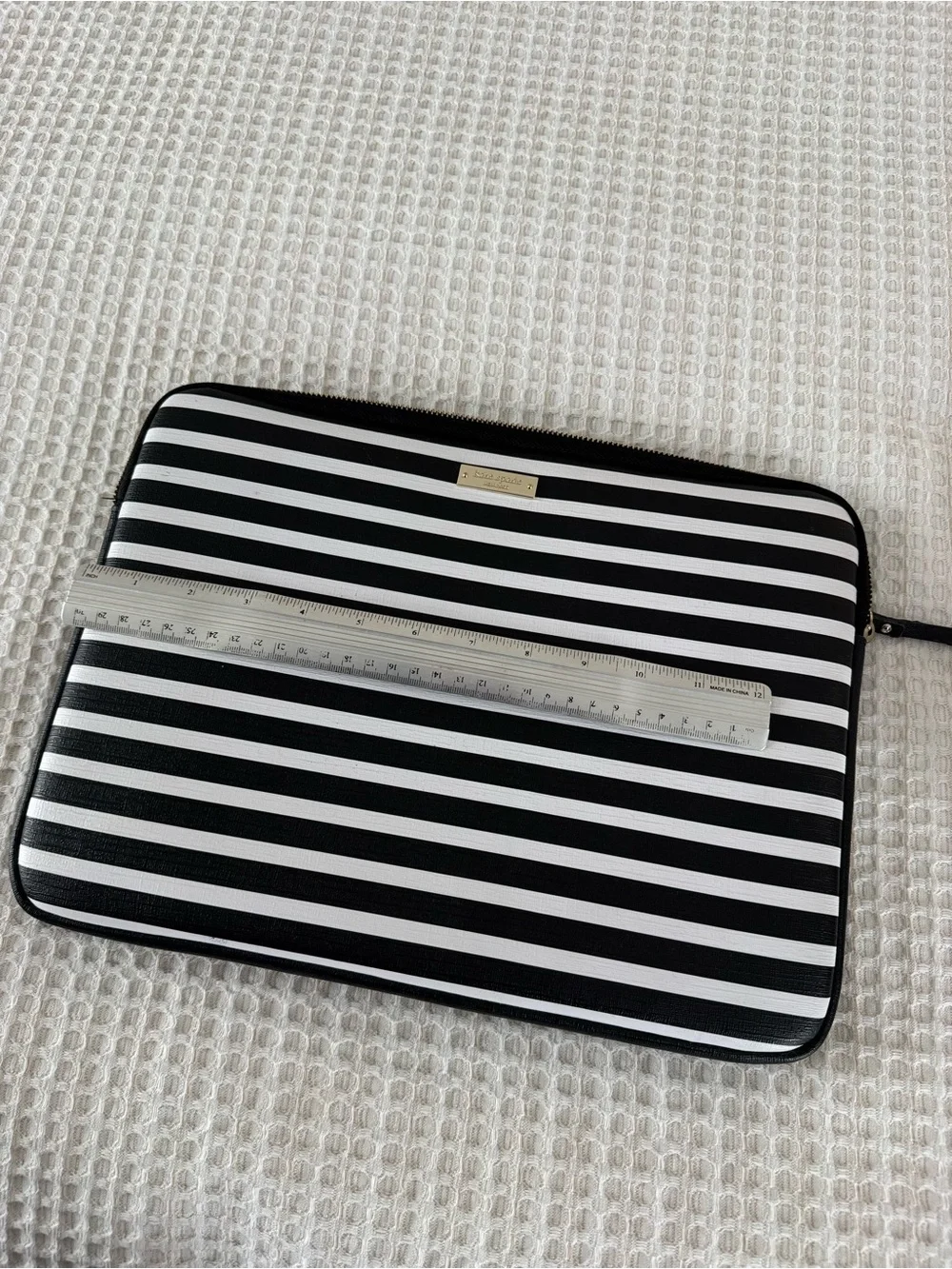 kate spade Black and White Striped Tablet Sleeve with Gold Nameplate